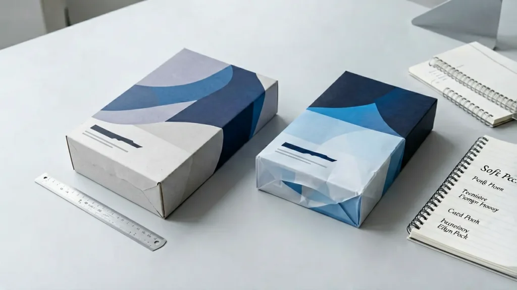Rigid and flexible neutral packaging references arranged for comparison
