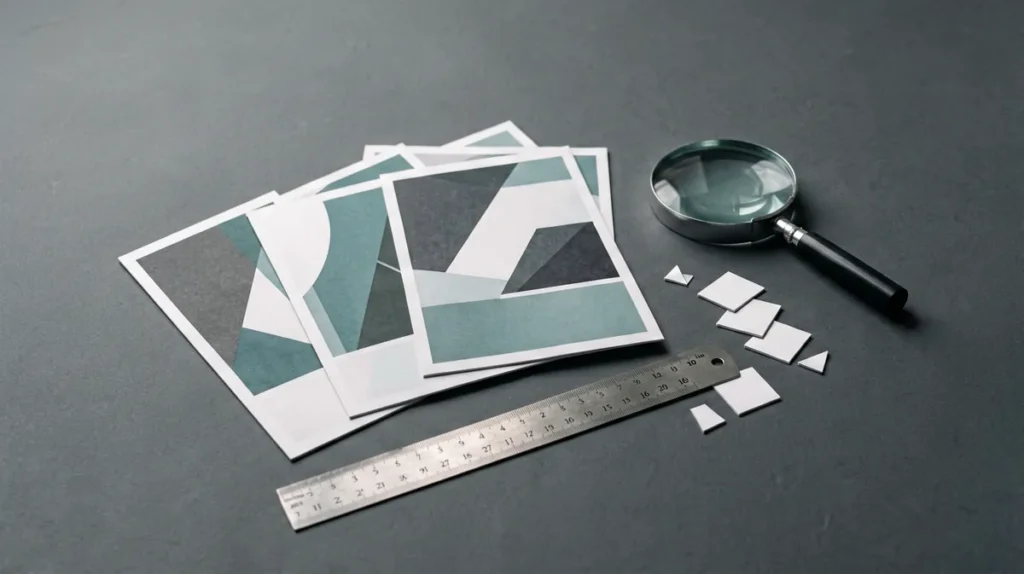 Unbranded catalogue cards with a ruler and magnifying glass for checking measurement wording