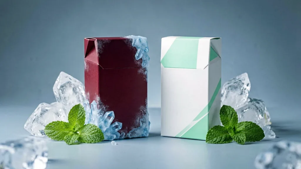 Editorial illustration comparing the Marlboro Ice Blast Mega and ESSE Change Mint Ice Blast carton records, cool mint and ice theme, no branding or text