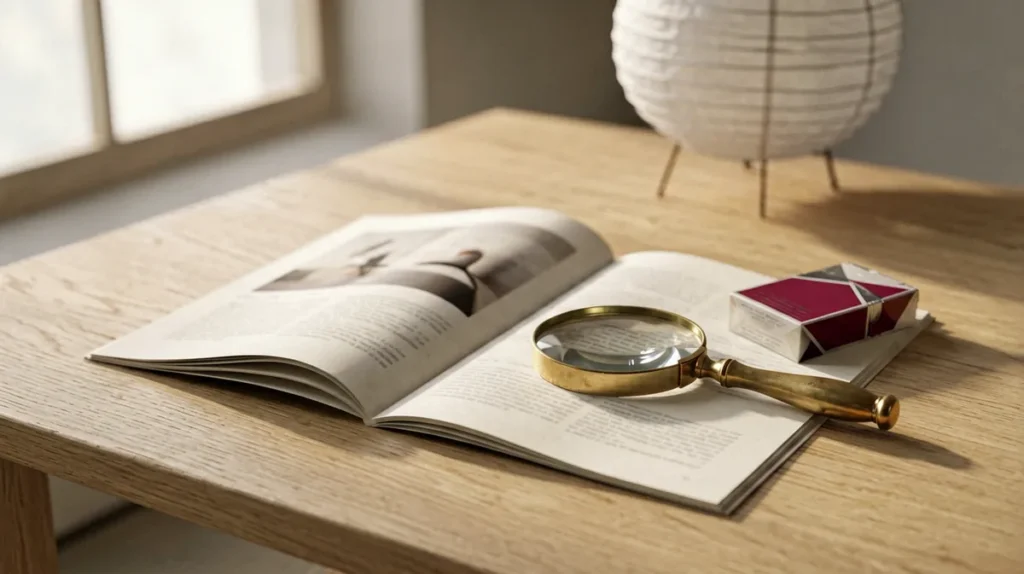 Open catalogue record with a magnifying glass on a desk, showing how to identify a MEVIUS carton listing by name and SKU