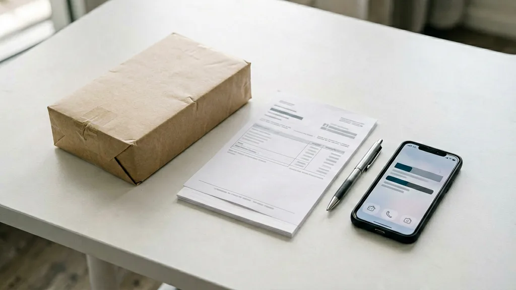 Unbranded parcel, order note and phone prepared for a private support enquiry