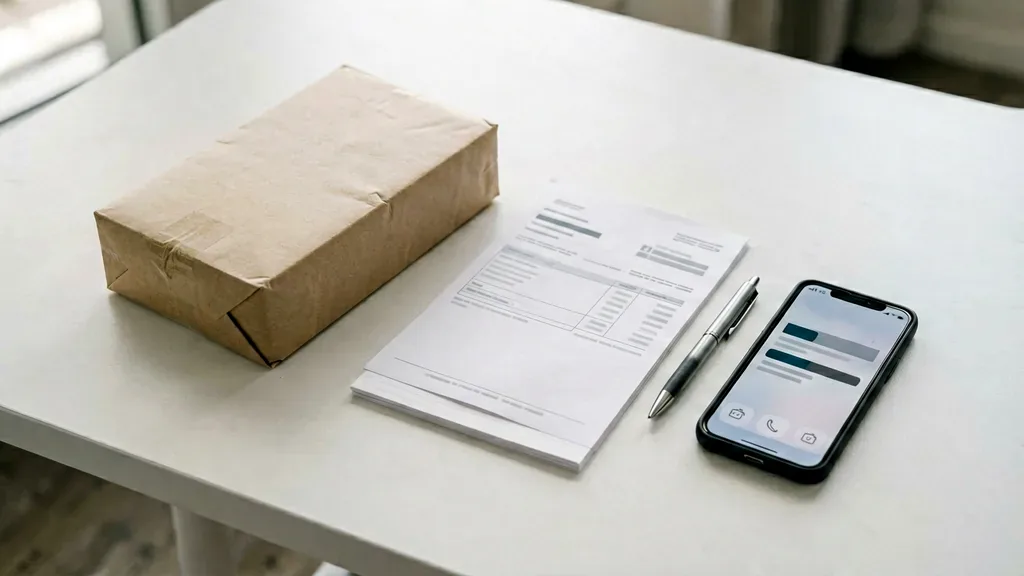 Plain unbranded parcel and order record beside a private support form before a return assessment