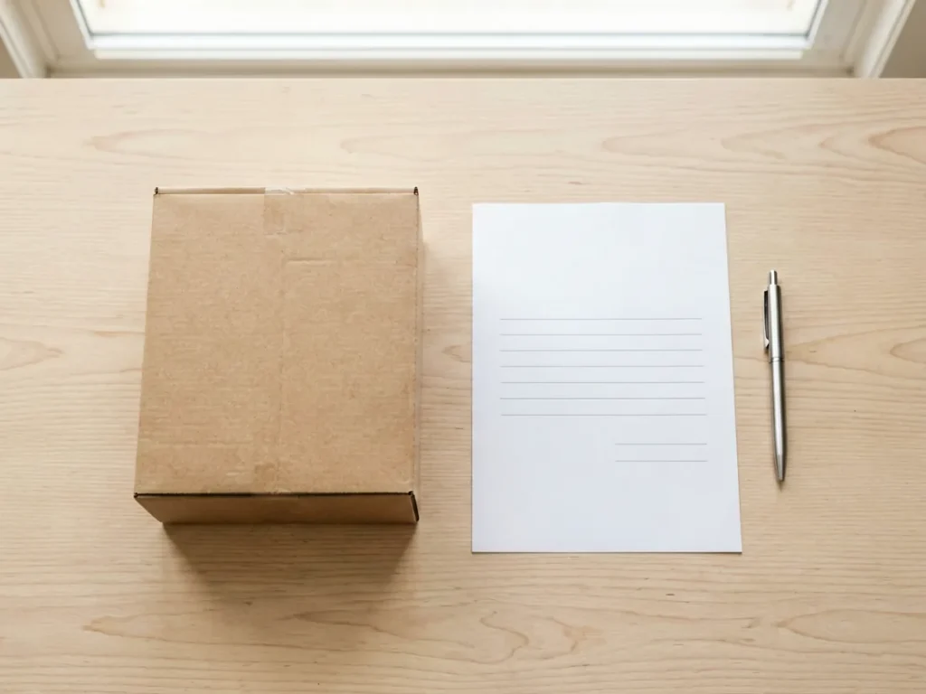 Plain cardboard parcel box with a blank order confirmation sheet and a pen on a desk, representing an Xorvila order change or cancellation request