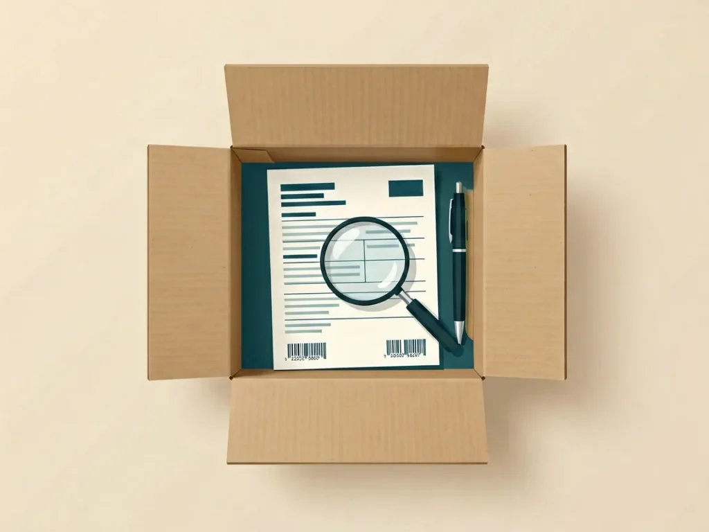 Editorial illustration of an open delivery parcel with an order confirmation sheet and a magnifying glass, used for Xorvila adult order-status support content
