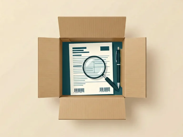 Editorial illustration of an open delivery parcel with an order confirmation sheet and a magnifying glass, used for Xorvila adult order-status support content